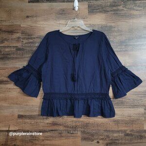 ANA Bell Sleeve Ruffle Top XL Gauzy Tassel Tie Navy Ethereal Whimsy Boho